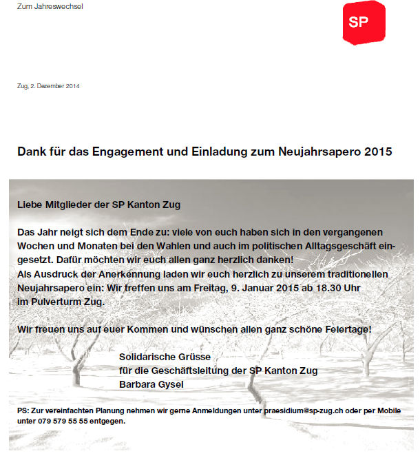 Einladung zum SP Neujahrsapéro 2015