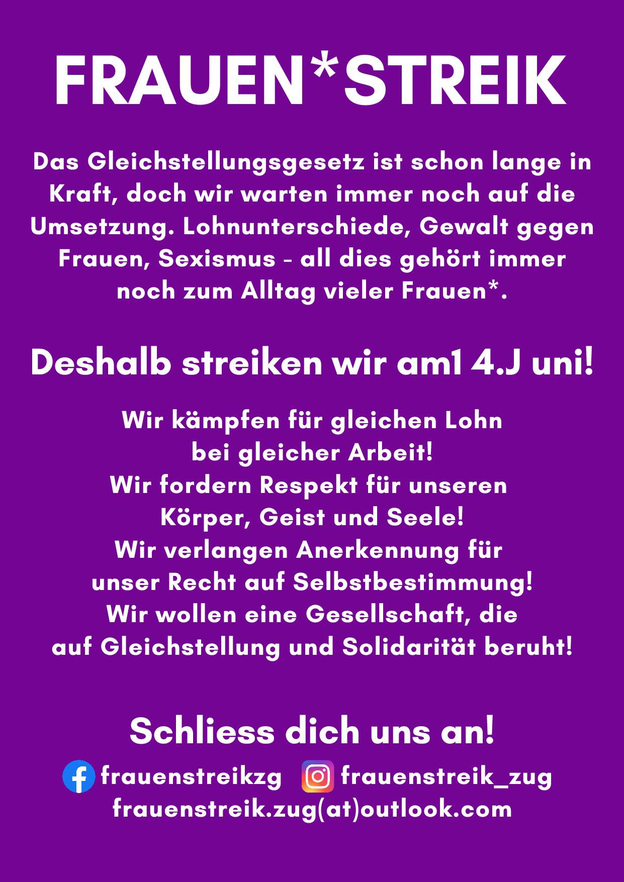 Frauen*streik 14. Juni - Programm in der Stadt Zug